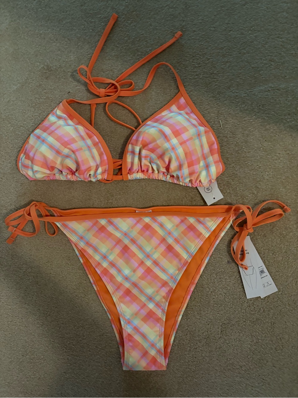 No Boundaries Pastel Plaid Orange-Trim Bikini Top & Bottom- NWT